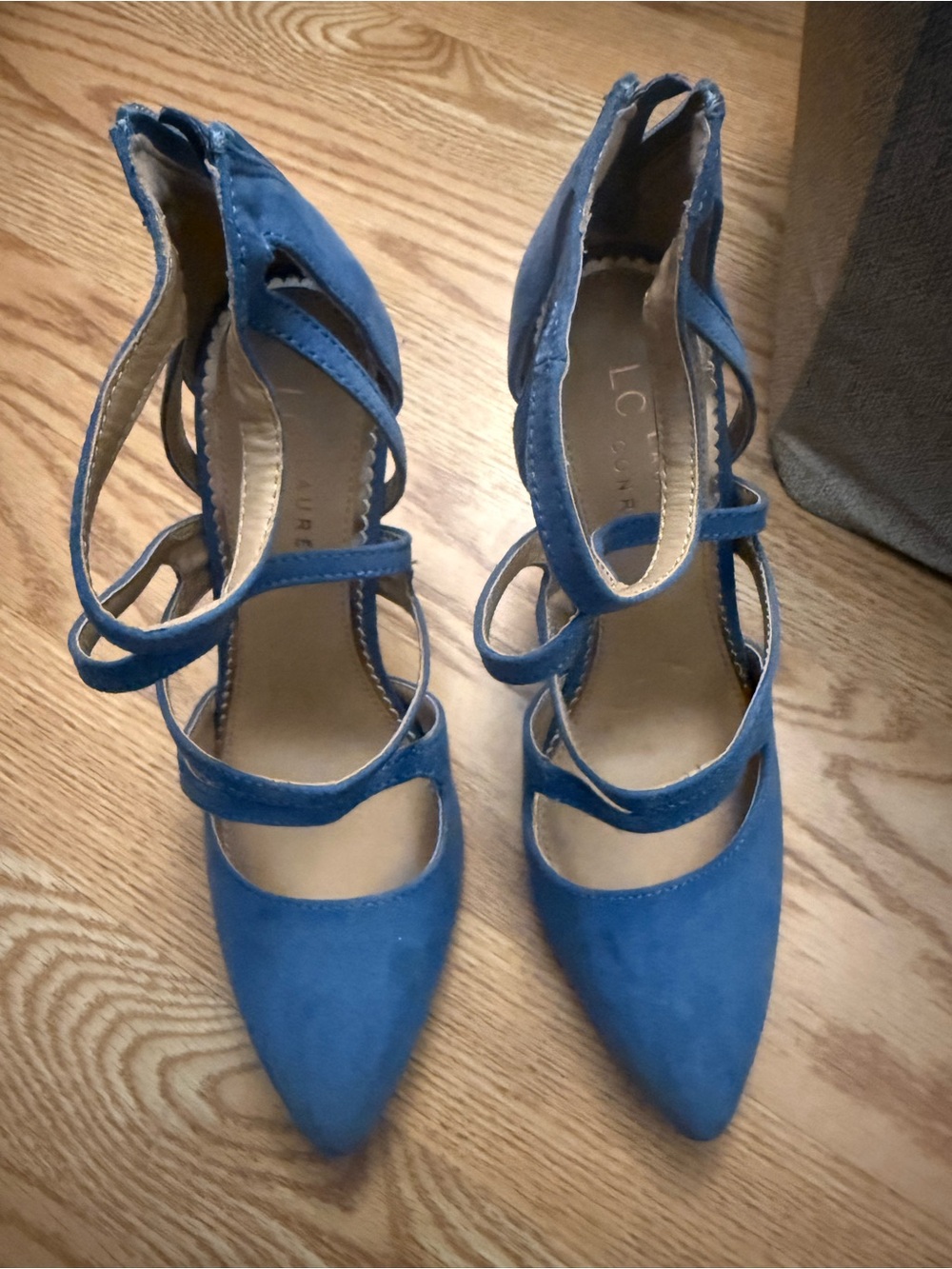LC Lauren Conrad Blue Suede Strappy Pointed-Toe Heels